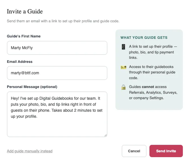 Admin dashboard invite guide modal