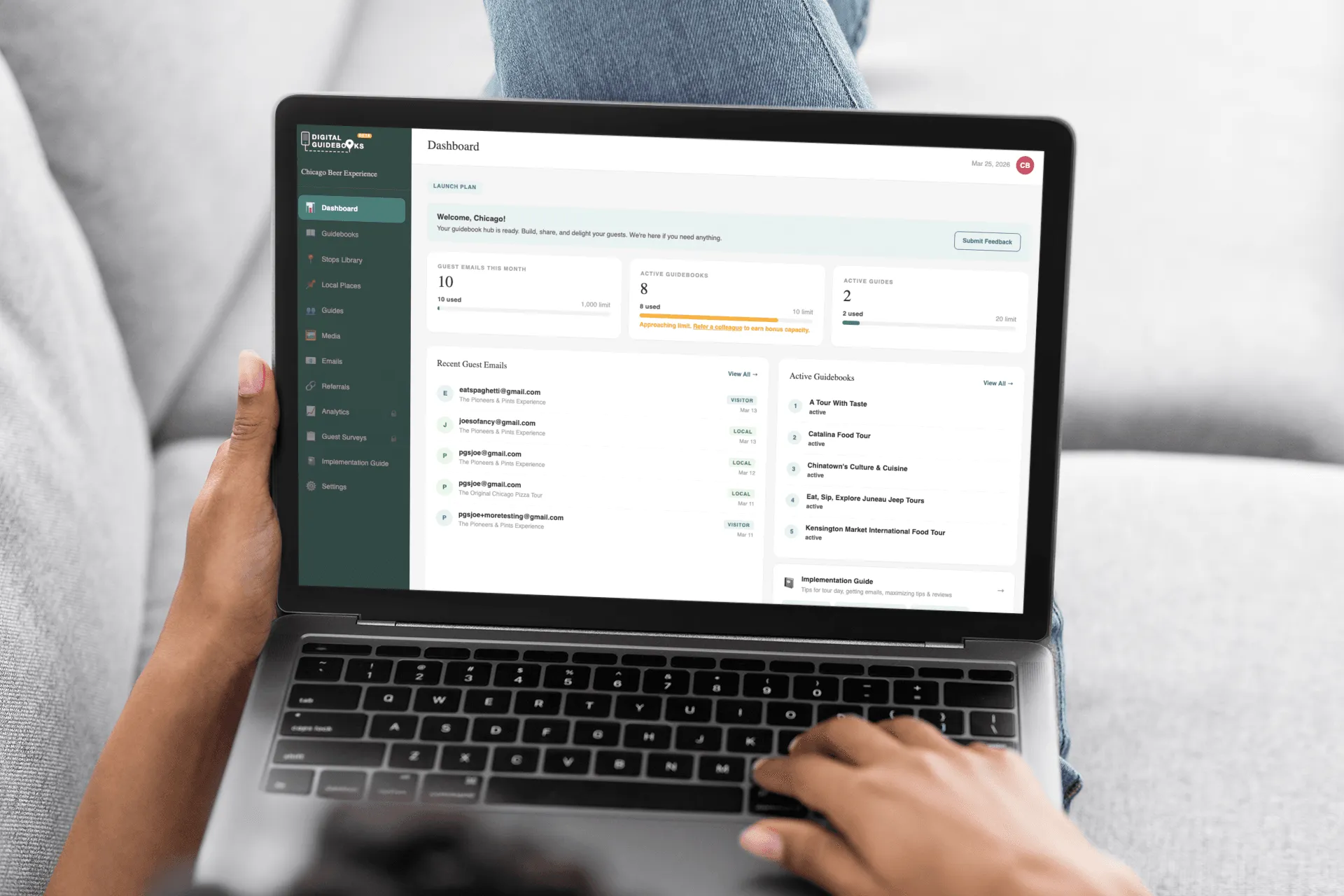 Digital Guidebooks admin dashboard showing guidebook management