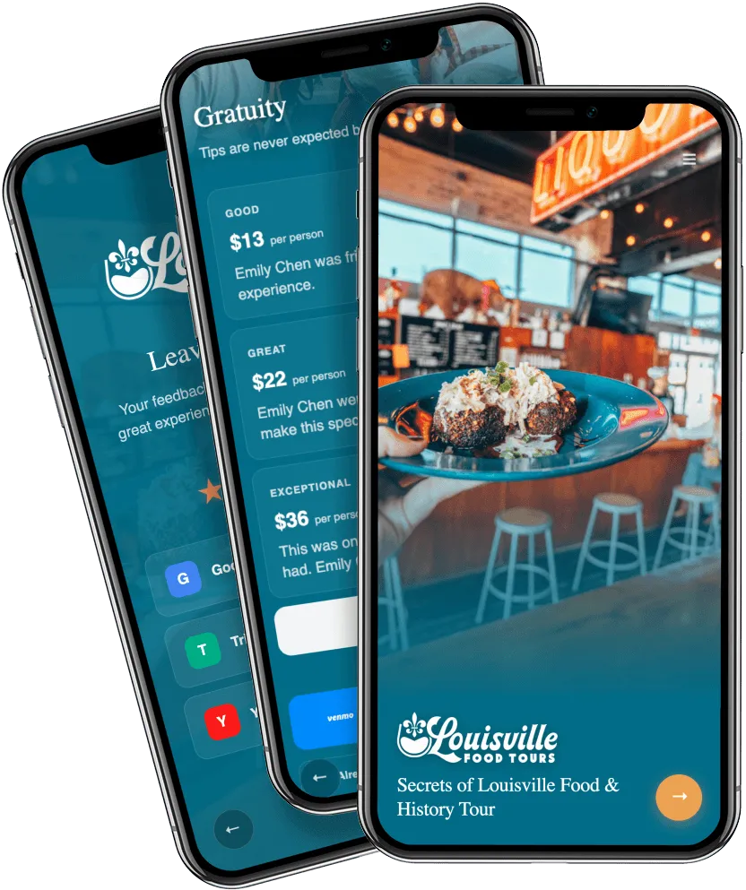 Three phone screens showing digital guidebook cover, stops, and tipping features