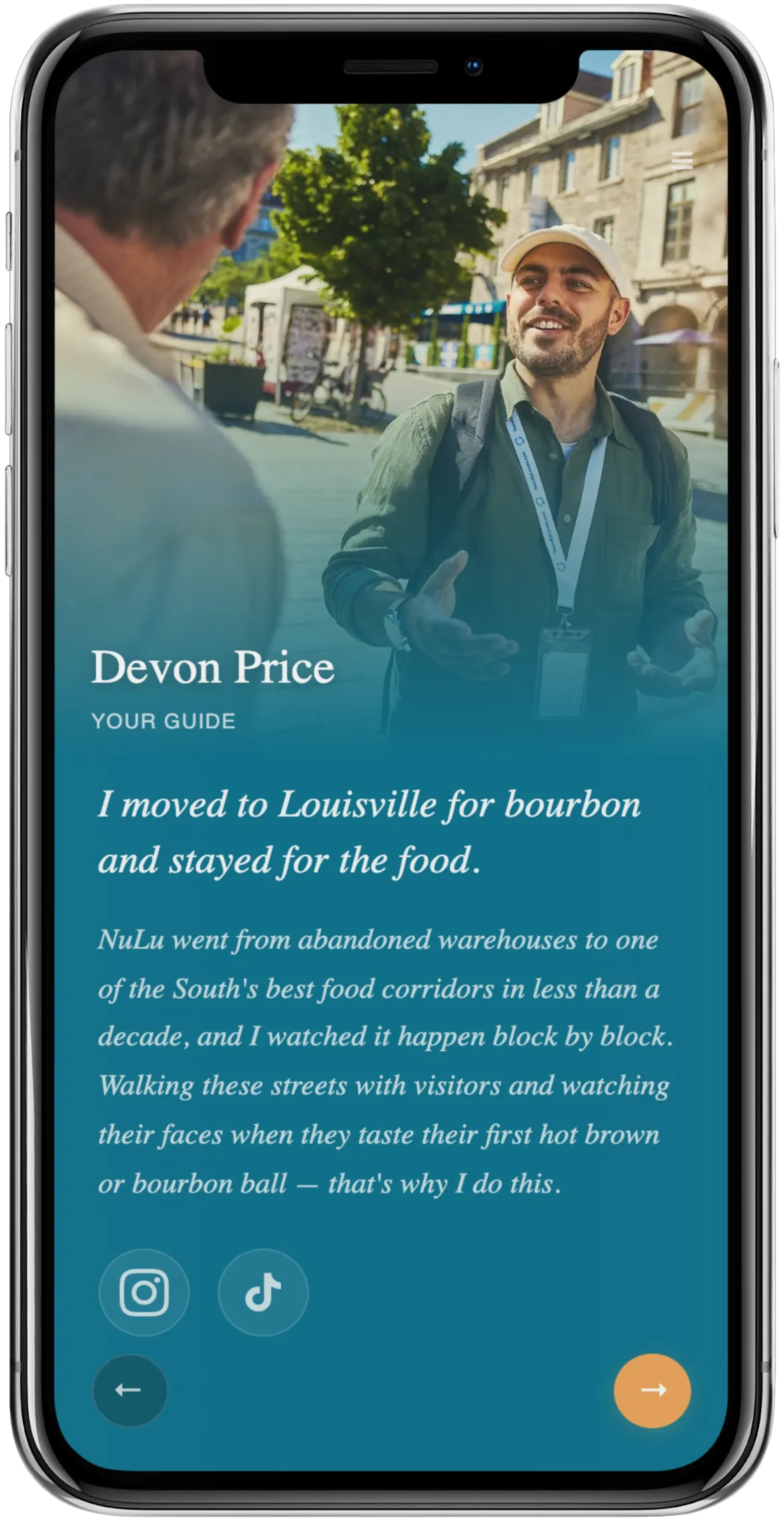 Tour guide profile with bio and social links