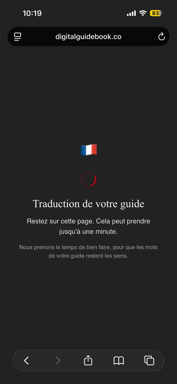The guidebook's translating screen in French, with a French flag and a short message asking the guest to stay on the page