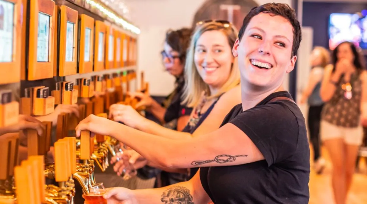 Tour guide leading a group through a city food experience