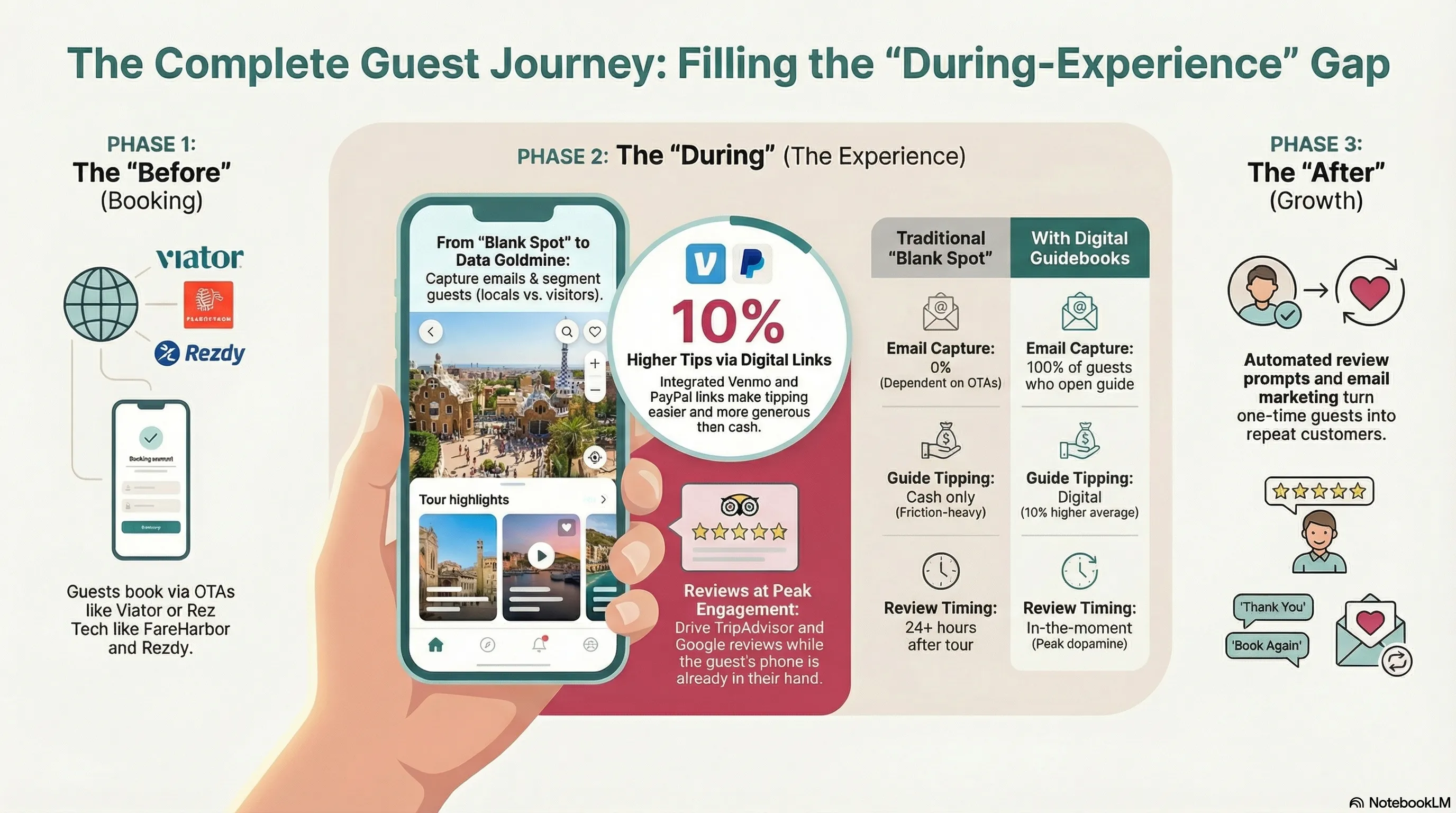 Tour operator tech stack organized by before, during, and after the experience