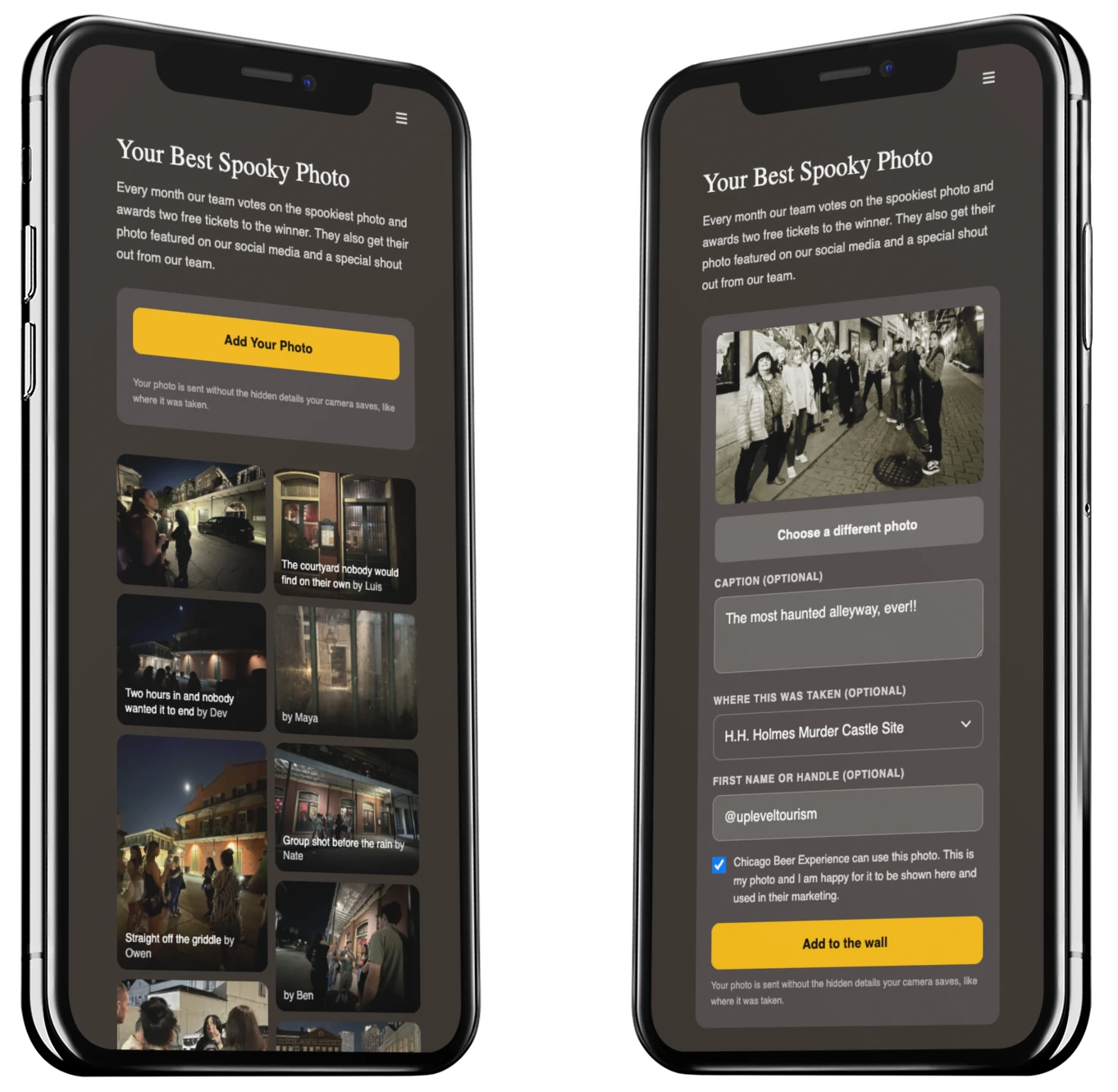Two phones side by side, one showing a guest photo wall of captioned photographs with credits, the other showing the upload form with a caption box, a where this was taken dropdown and the permission tick