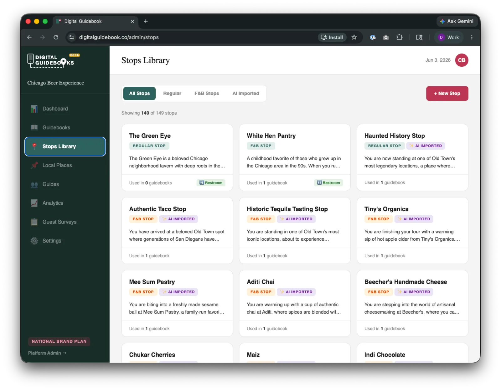 The old Stops Library, a grid of stop cards in its own admin section