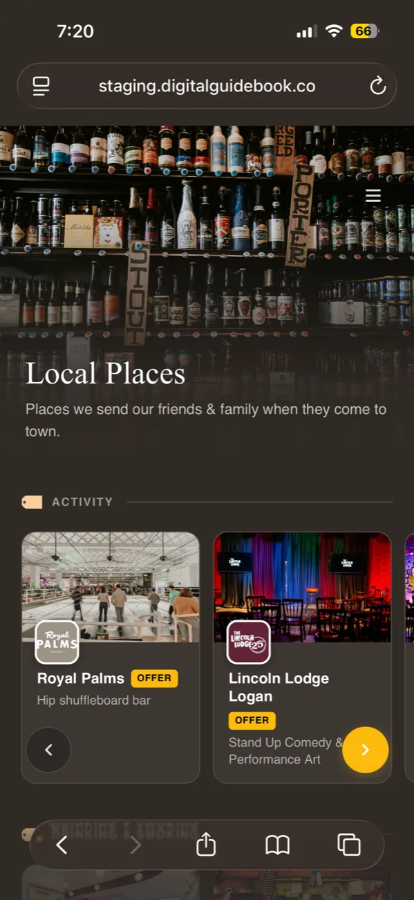 The new tourist local recommendations page, a horizontal row of image cards