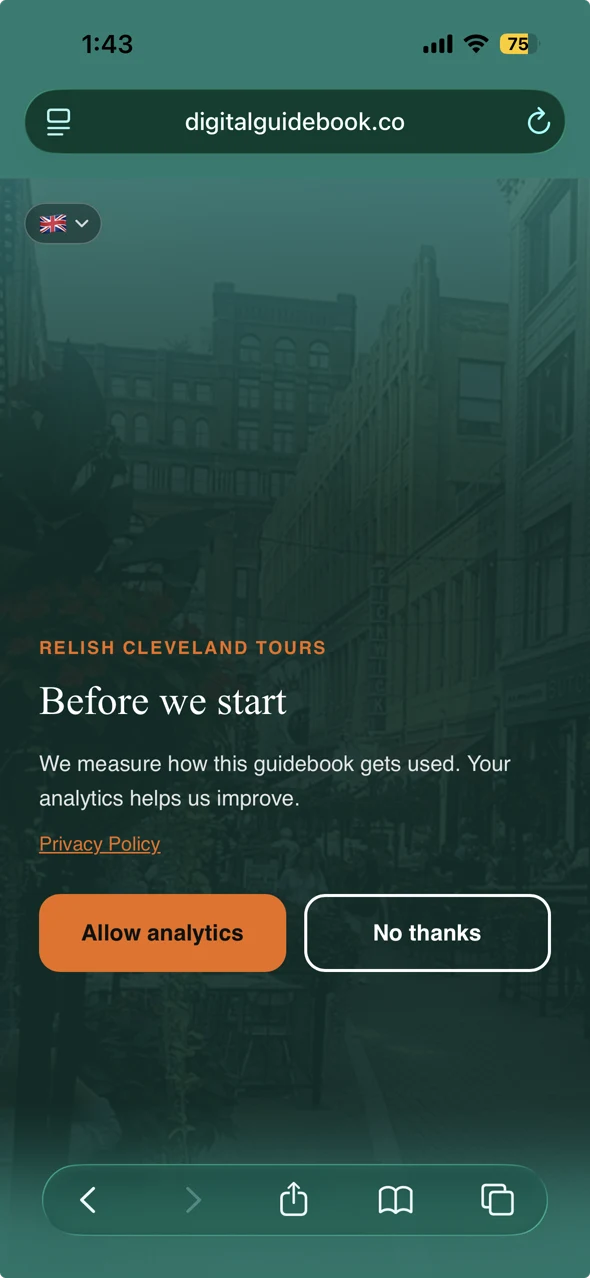 The Digital Guidebooks consent screen on a phone, in Relish Cleveland Tours branding, reading Before we start with Allow analytics and No thanks side by side
