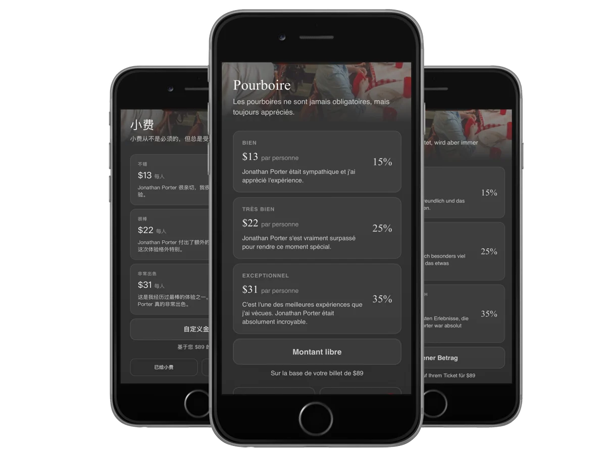 The same guidebook tipping screen shown on three phones side by side, one in Chinese, one in French and one in German